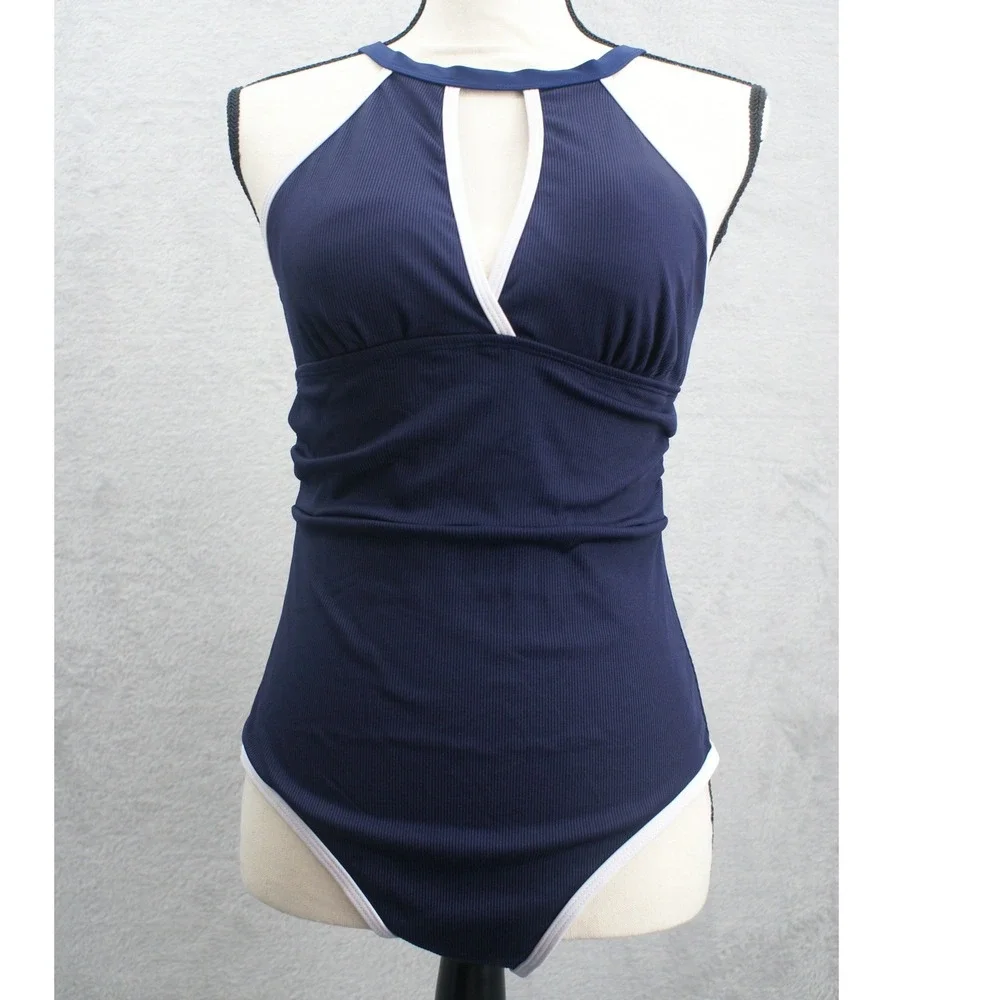 Navy Ribbed Halter One Piece Swimsuit White Trim Keyhole Cutout Women Medium
